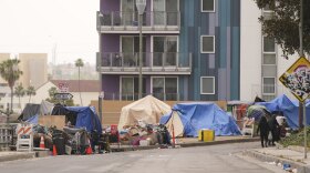 Tents are set up along a freeway in a homeless encampment, May 12, 2025, in Los Angeles.