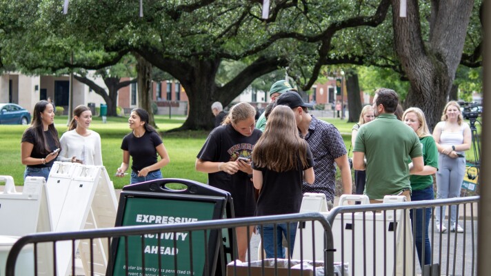 Students register for tickets outside of the Turning Point national tour event at Baylor's Waco Hall on Wednesday, April 22, 2026. The event was originally open to all members of the public, but was closed to only Baylor-affiliated individuals just hours before the event.