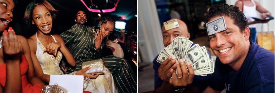 Left: Crenshaw High School girls selected by a magazine to receive "Oscar treatment" for a prom photo shoot take a limo to the event with their dates. Right: Film director and producer Brett Ratner (right), and Russell Simmons, a businessman and cofounder of hip-hop label Def Jam, at L'Iguane restaurant, St. Barts, 1998.