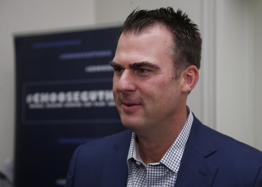 Kevin Stitt, candidate for the Republican nomination for Oklahoma Governor, speaks in Guthrie, Okla., Wednesday, Jan. 10, 2018. 