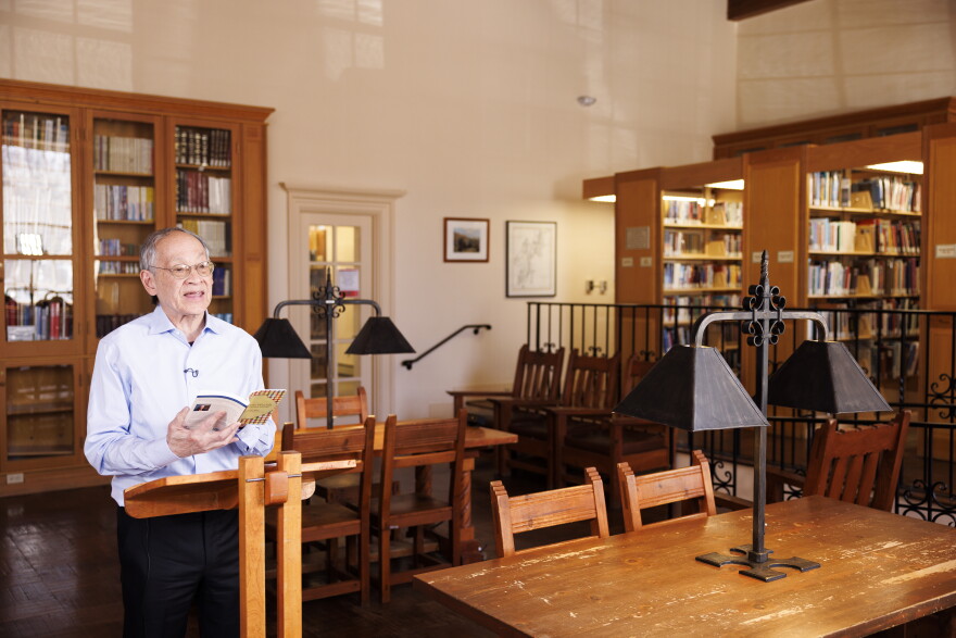 Poet Laureate Arthur Sze records a poetry reading in the Santa Fe Public Library's southwest reading room, March 11, 2026.