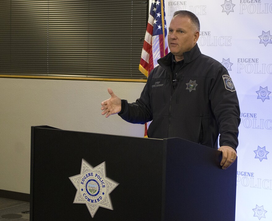 Eugene Police Chief Chris Skinner at a press conference, Feb 19