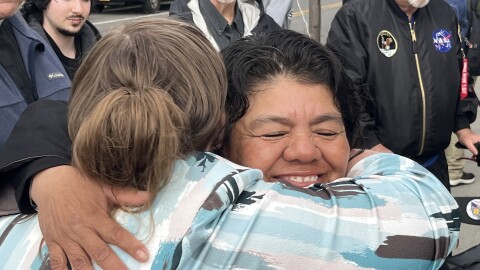 Dolores Bustamante hugs supporters before going for a scheduled check-in with Immigration and Customs Enforcement on Wednesday, April 22, 2026, in Buffalo. She had previously been ordered removed, but was arguing she had a path to legal residency, if given more time. ICE detained her, and she now faces deportation to her native Mexico.