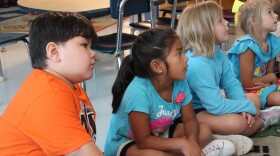 Kindergarten students TT Askew, Alicia Garcia Elvira, Haylen Lovelace and Mercy Nelms are students in Jakeli Swimmer's Cherokee language and culture class at Robbinsville Elementary.