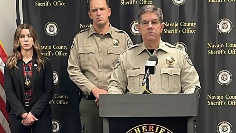 Bruce Tucker of the Navajo County Sheriff's Office speaks during a news conference in Holbrook, Ariz., on Monday, Dec. 29, 2025, about a recent arrest in the death of Kerri Ann Abatti, the estranged wife of prominent Imperial Valley, Calif., farmer Michael Abatti.