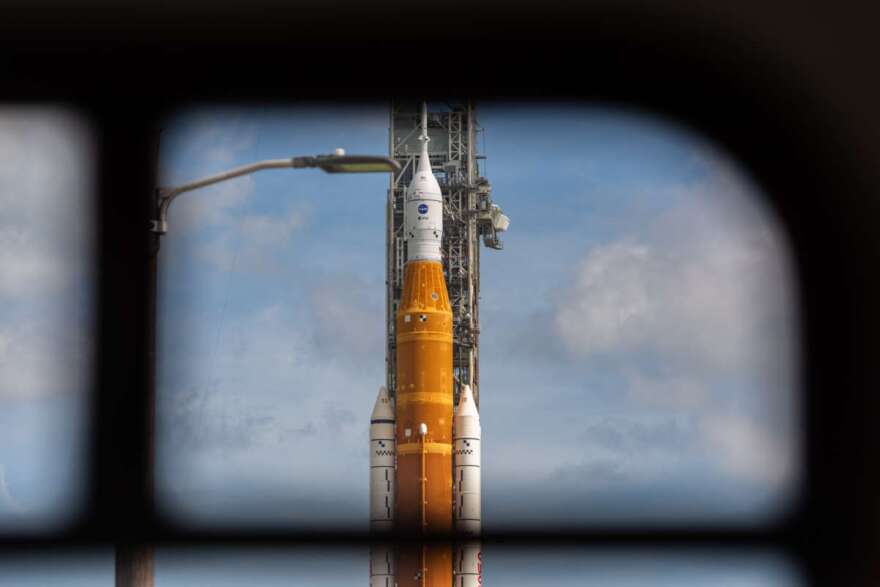 Artemis I stands on its launch pad ahead of Monday's launch attempt. Photo: WMFE / Brandon Moser.