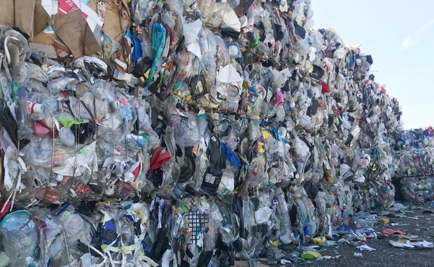 Unwanted used plastic sits outside Garten Services, a recycling facility in Oregon.