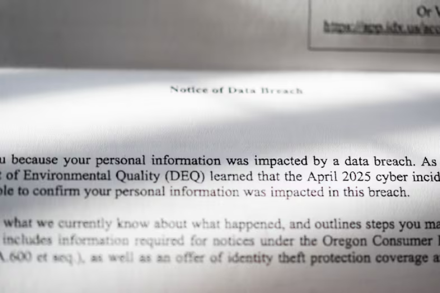 A letter from the Oregon Department of Environmental Quality on Dec. 30, 2025 notifies a person that their information was impacted in a data breach. About 4,800 members of the public had their personal information exposed in the April 2025 Cyberattack.
