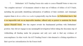 An excerpt of the lawsuit filed by five states against the federal government for its plan to freeze $10 billion in funding that helps to ensure access to child care.