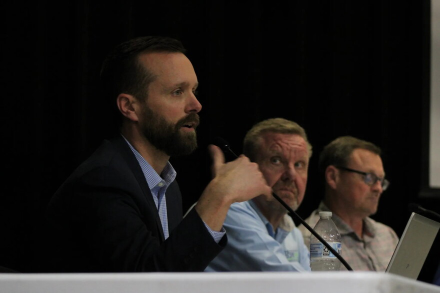 Madison County Board Chairman Chris Slusser answers questions about a data center potentially coming to Troy at a public meeting hosted by Troy officials and the development company, Cloverleaf Infrastructure, at Triad High School auditorium on Feb. 10.