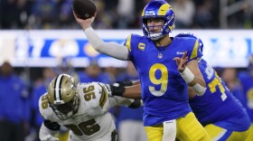 Los Angeles Rams quarterback Matthew Stafford (9) throws a pass during the second half of n NFL football game against the New Orleans Saints, Thursday, Dec. 21, 2023, in Inglewood, Calif. (AP Photo/Ryan Sun)