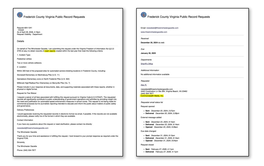 A FOIA request for crash data sent by “Alex R.” of The Winchester Gazette on Dec. 20, 2024, lists Commonwealth Media and an address in Virginia Beach in the “Requester” field.