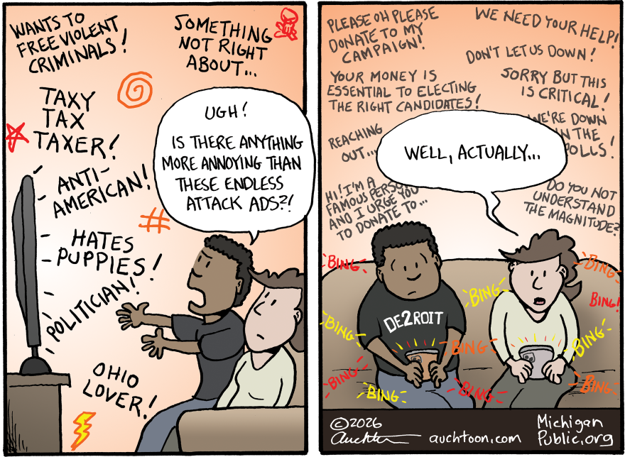 two panel comic with two people complaining about political ads in one, and in the other, the same two people complaining about text messages from politicians