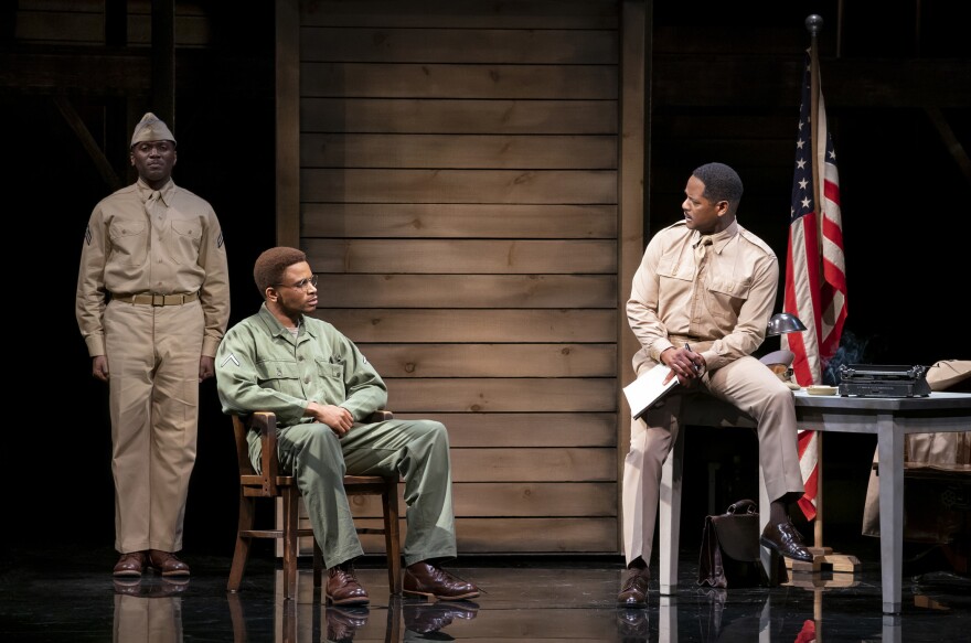 <strong></strong>Nnamdi Asomugha (center) plays Private First-Class Melvin Peterson — a role performed by Denzel Washington in 1981 — in the Broadway revival of <em>A Soldier's Play.</em>