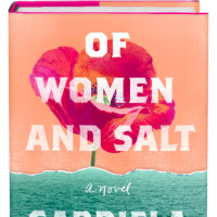 Book cover for Of Women And Salt by Gabriela Garcia. The bottom half of the book is a photo of the ocean, the top half is a light pink background with the fuchsia flower.