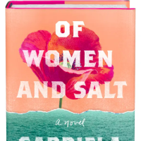 Book cover for Of Women And Salt by Gabriela Garcia. The bottom half of the book is a photo of the ocean, the top half is a light pink background with the fuchsia flower. 