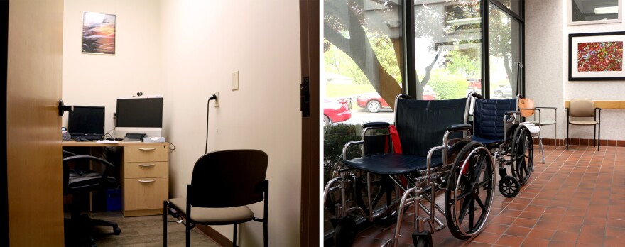 At left, a bathroom has been converted into a telehealth office, where patients can Skype with doctors in other locations. Administrators say the clinic has maxed out on free space. At right, wheelchairs are stored in the front hallway, which doubles as extra waiting space for patients.