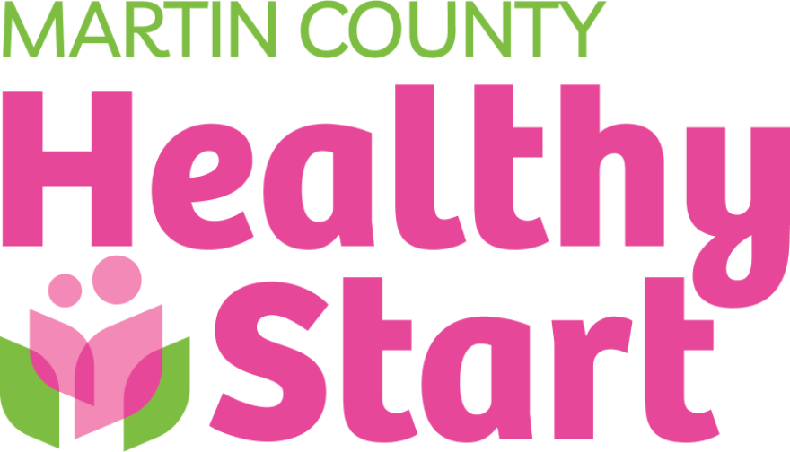 Martin County Healthy Start logo — green text reading 'Martin County' above a pink 'Healthy Start' wordmark, with a green and pink flower/leaf icon featuring two figures reading a book.
