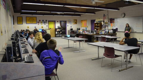 Krystal Gunter’s class reviews how to do formulas for Excel during their class period.