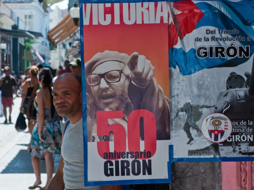 Posters commemorate the 50th anniversary of the Bay of Pigs in Havana on April 13. This weekend's Cuban Communist Party Congress is timed with the anniversary in mind.