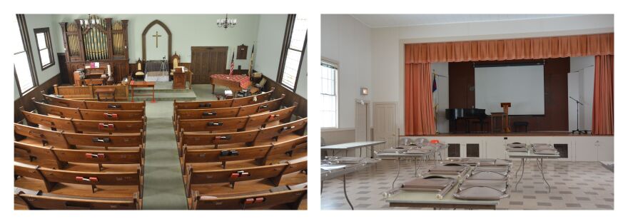 Two side by side images. On the left - looking at a church sanctuary from overhead. On the right-- a hall with a hard tiled floor and stage with five long folding tables set up.