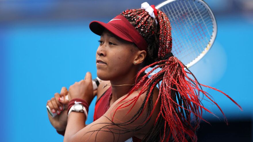 Naomi Osaka, pictured playing at the Tokyo 2020 Olympic Games on July 26, is among the celebrities vowing support for the people of Haiti.