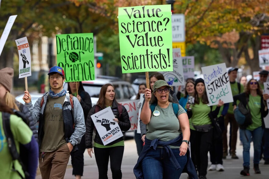 Sara Keeler, center, a scientist with the California Department of Fish and Wildlife, participates in the first-ever California state scientists’ union strike in front of the CalEPA Headquarters in Sacramento on Nov. 15, 2023.