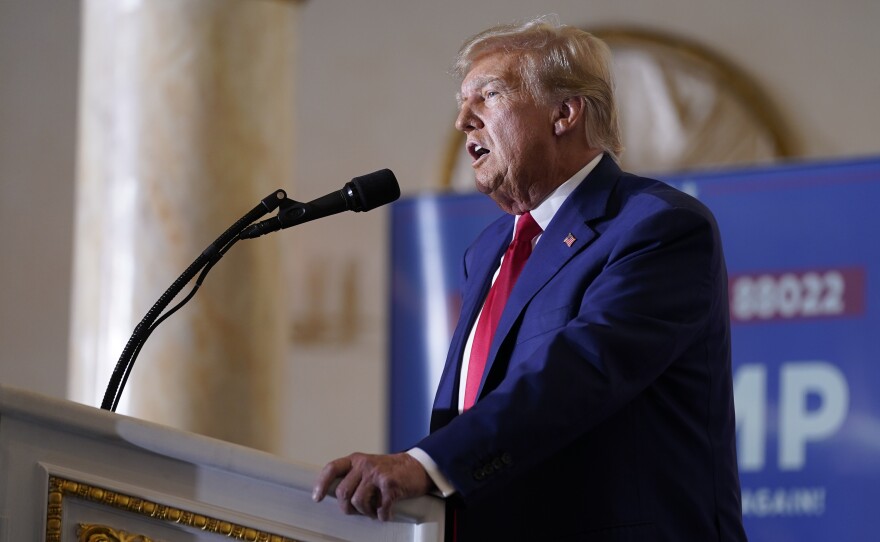 Former President Donald Trump speaks at his Mar-a-Lago estate.