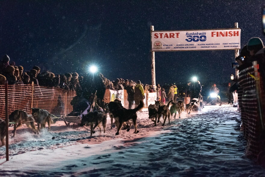 Mushers head down the chute at the start of the Kuskokwim 300. January 27, 2023 in Bethel, Alask