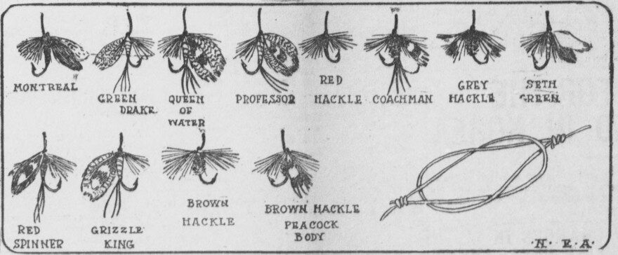 In 1904, this picture of 12 fly lures was published in the Tacoma Times. The red spinner lure on the bottom left imitates the mayfly while it lays upon the water and is unable to fly away. (Photo: public domain via Wikimedia Commons)