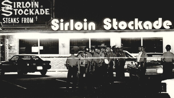 Police descend on the Sirloin Stockade, 1620 SW 74, after discovery of slain employees on July 16, 1978.