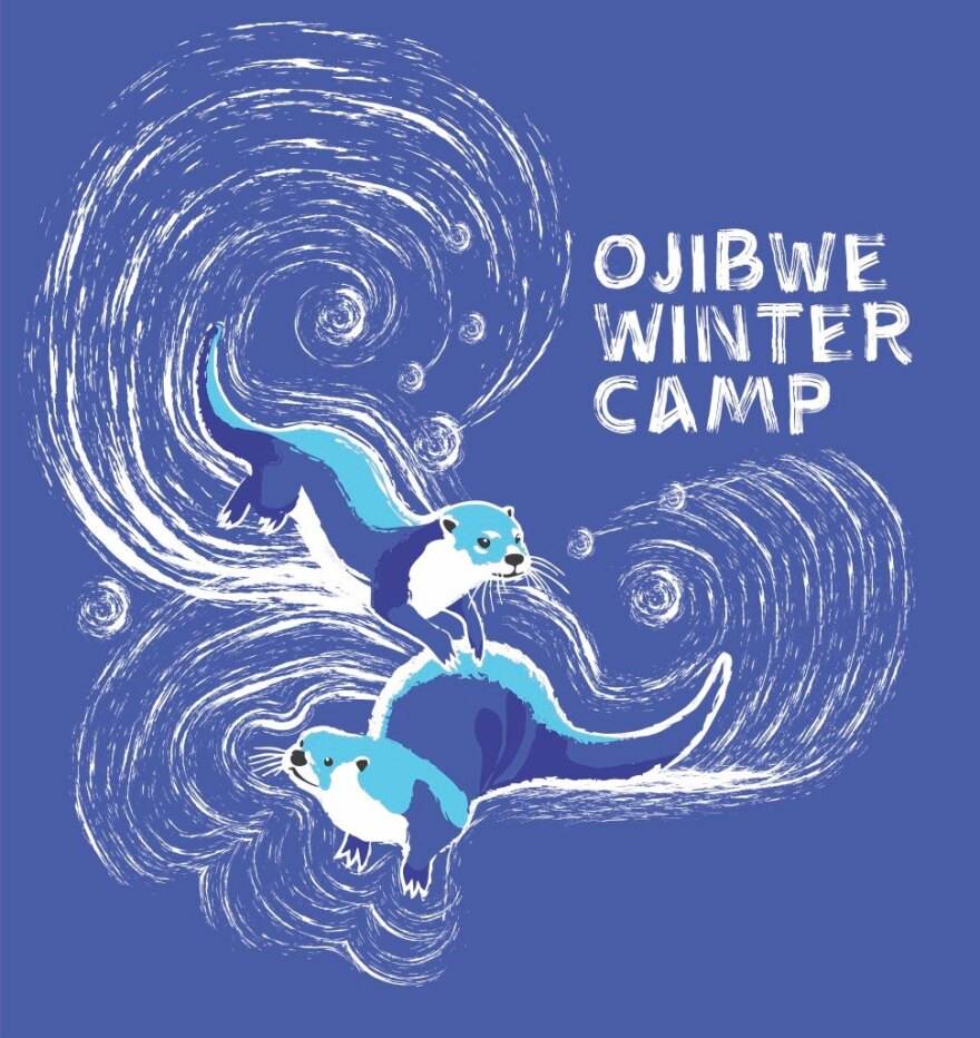 Blue-toned illustration of two otters in swirling patterns with "Ojibwe Winter Camp" written above them