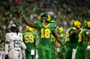 Oregon tight end Kendre Harrison (18) celebrates a touchdown during the first half of an NCAA college football game against Portland State, Friday, Sept. 18, 2026, in Eugene, Ore. 