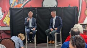 Florida state HD 58 Democratic candidate Bryan Beckman and David Jolly speaking at the Artz for Life Academy in Clearwater on May 13, 2026. (Photo by Mitch Perry/Florida Phoenix)