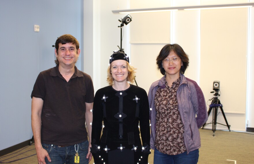 Each member of ML2's deaf team brings together a specific area of discipline. Jason Lamberton (from left) is the tech consultant, Melissa Malzkuhn is the director and Yiquiao Wang, the lab's artist in residence, designs the art for all the storybook apps.