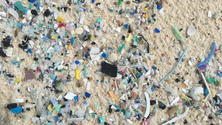 Brightly colored pieces of microplastic mar one of the 27 islands in the Cocos Keeling chain. Much of the plastic is hidden under the sand. The sun breaks down plastic debris, and the tiny pieces get buried in the sand.