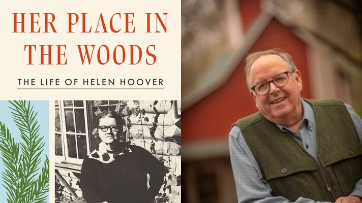 Cover for the book "Her Place in the Woods" and a photo of the author, David Hakensen.