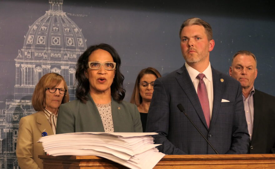 House Minority Leader Lisa Demuth and Senate Minority Leader Mark Johnson spoke at a press conference shortly after the legislative session ended on May 20, 2024. The GOP leaders denounced the 1,400 page omnibus bill, which they displayed on the podium and was passed by the Democratic majority in the closing moments of the 2024 legislative session.