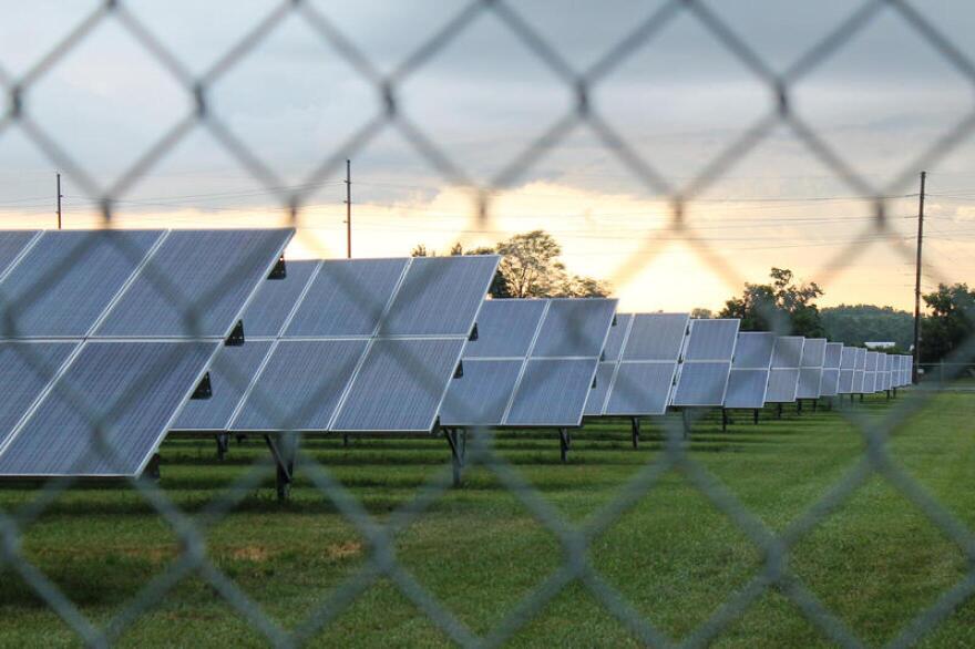 A solar farm behind a chain link fence.