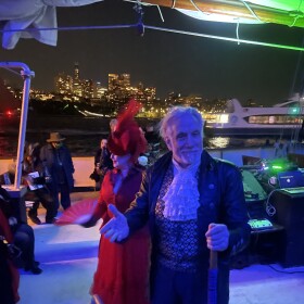 Actor Teel James Glenn, playing vampire hunter Abraham Van Helsing, greets visitors as they board the 2025 Gothic Vampire Cruise on the Hudson.