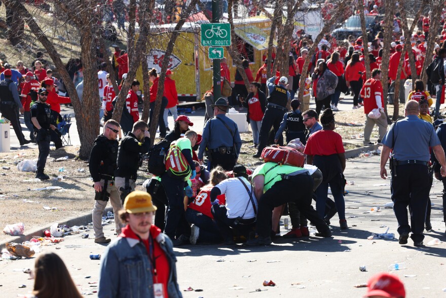 Law enforcement and medical personnel respond to a shooting at Union Station during the Kansas City Chiefs Super Bowl LVIII victory parade.