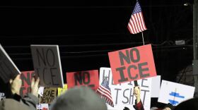 Protesters speak out against a possible ICE facility in Merrimack, Jan. 8, 2026.