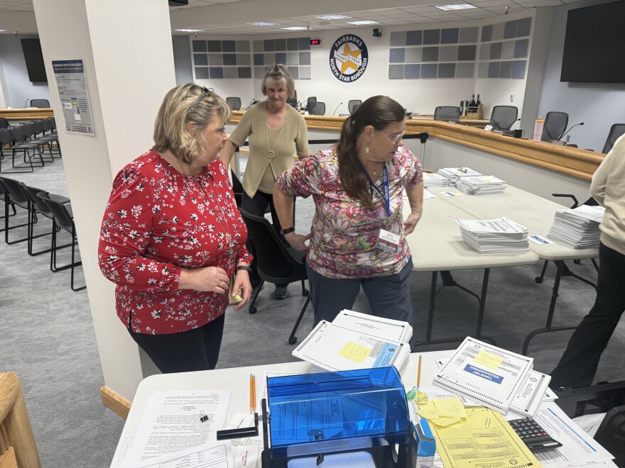 Fairbanks North Star Borough Clerk April Trickey, left, speaks with election workers running the new hand count audit Oct. 8, 2025.