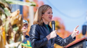 Secretary of State Jocelyn Benson, the Democratic nominee for governor, speaks at a corn farm in Lansing, Mich., on Oct. 8, 2026.