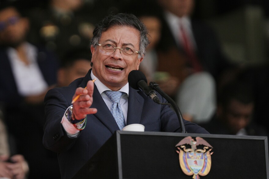 Colombian President Gustavo Petro speaks during the swearing-in ceremony of Gen. William Rincon as the new national police director in Bogota, Colombia, Friday, Oct. 24, 2025. (AP Photo/Ivan Valencia)