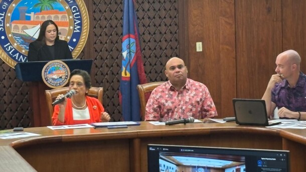 Gov. Lou Leon Guerrero speaks about typhoon preparedness on June 5, 2026, while Lt. Gov. Joh Tenorio, center, and National Weather Service Warning Coordination Meteorologist Landon Aydlett look on.