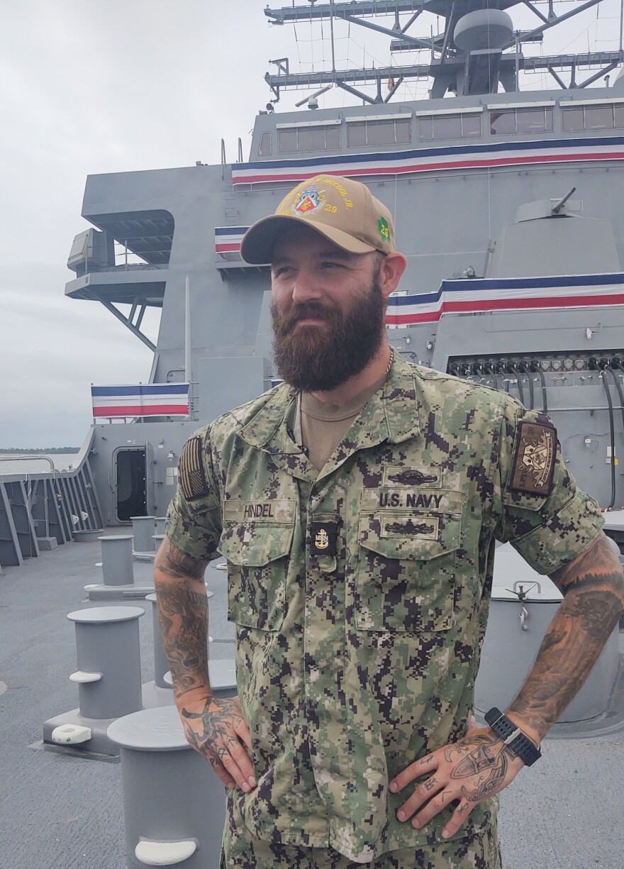 Chief Gunners Mate Jeremiah Hindle aboard the future USS Richard M. McCool, Jr.