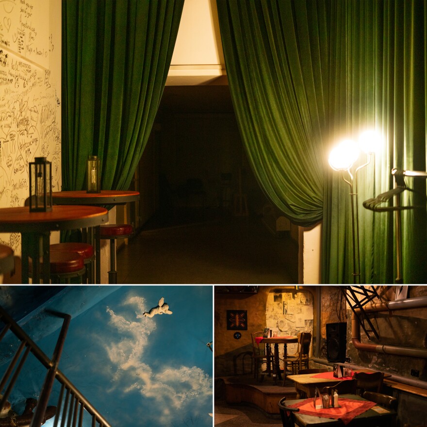 Examples of shelters that also serve other purposes in Kyiv. Top: The entrance to Parovoz, a popular speakeasy-style bar. Bottom: A painted ceiling and tables set for guests at a bar named Cupid. Soviet buildings weren't built to host storefronts - there were no private businesses under Communism, so today many shops in Kyiv are set up in basement shelters.