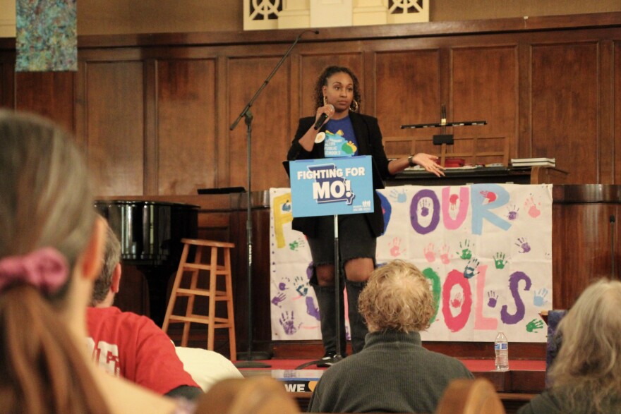 LaNee Bridewell, a Kansas City Public Schools parent and leader with Parents for KC Kids, spoke to a crowd of residents rallying against Missouri legislation that would eventually eliminate the state income tax.