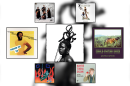 Artwork for three albums and four singles displayed in black square frames. 